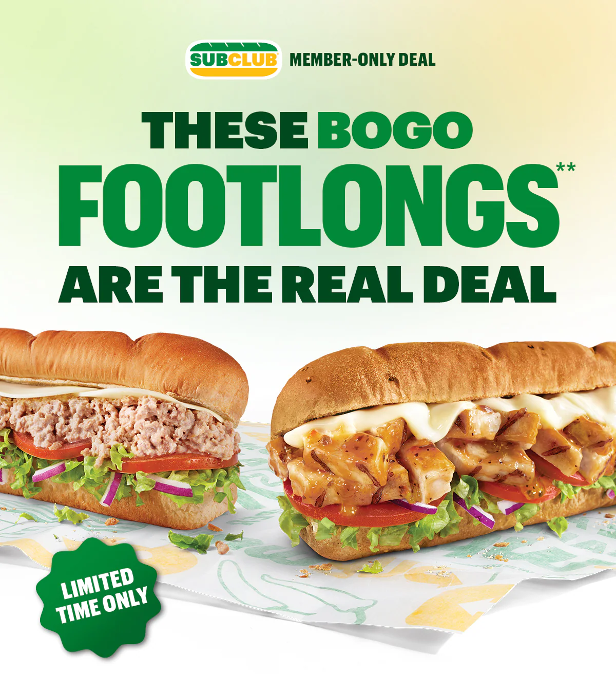 Promotional Subway® email featuring a SubClub member‑only offer. Headline reads ‘These BOGO Footlongs Are the Real Deal. Limited time only.’. Two Footlong sandwiches are pictured on branded wrapping paper. Text below states that starting today, Sub Club members can buy one Footlong and get one free with promo code FLBOGO. A yellow ‘Order Now’ button appears. A green banner reads ‘Only Online and in the App’ with icons of a phone and sandwich. The lower section highlights Sub Club rewards: earning 10 points per dollar, earning 5% extra points for app orders, redeeming $2 Subway® Cash for every 400 points, receiving a free birthday cookie, and access to member‑only deals. Another yellow ‘Order Now’ button appears at the bottom.