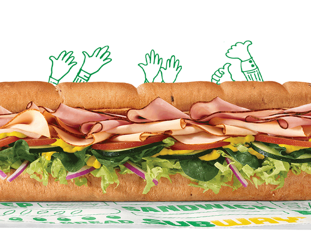 Promotional email for Subway® featuring subs At the top, large green and yellow text reads ‘Say Hooray you get 30% off a sub. Your exclusive sub club savings. Online or App orders only.’. Below it is an image of a footlong sub with lettuce, tomatoes, meats, and toppings on wrapping paper, followed by a yellow ‘Order Now’ button. The next section spotlights three individual sandwiches under the header ‘Meet the subs that people are obsessed with.’ The first is labeled ‘Oven Roasted Turkey,’ filled with vegetables and sliced turkey. The second is labeled ‘Steak Philly,’ filled with melted cheese and steak. The third is labeled ‘Classic Tuna,’ showing a tuna sub with lettuce and tomatoes.