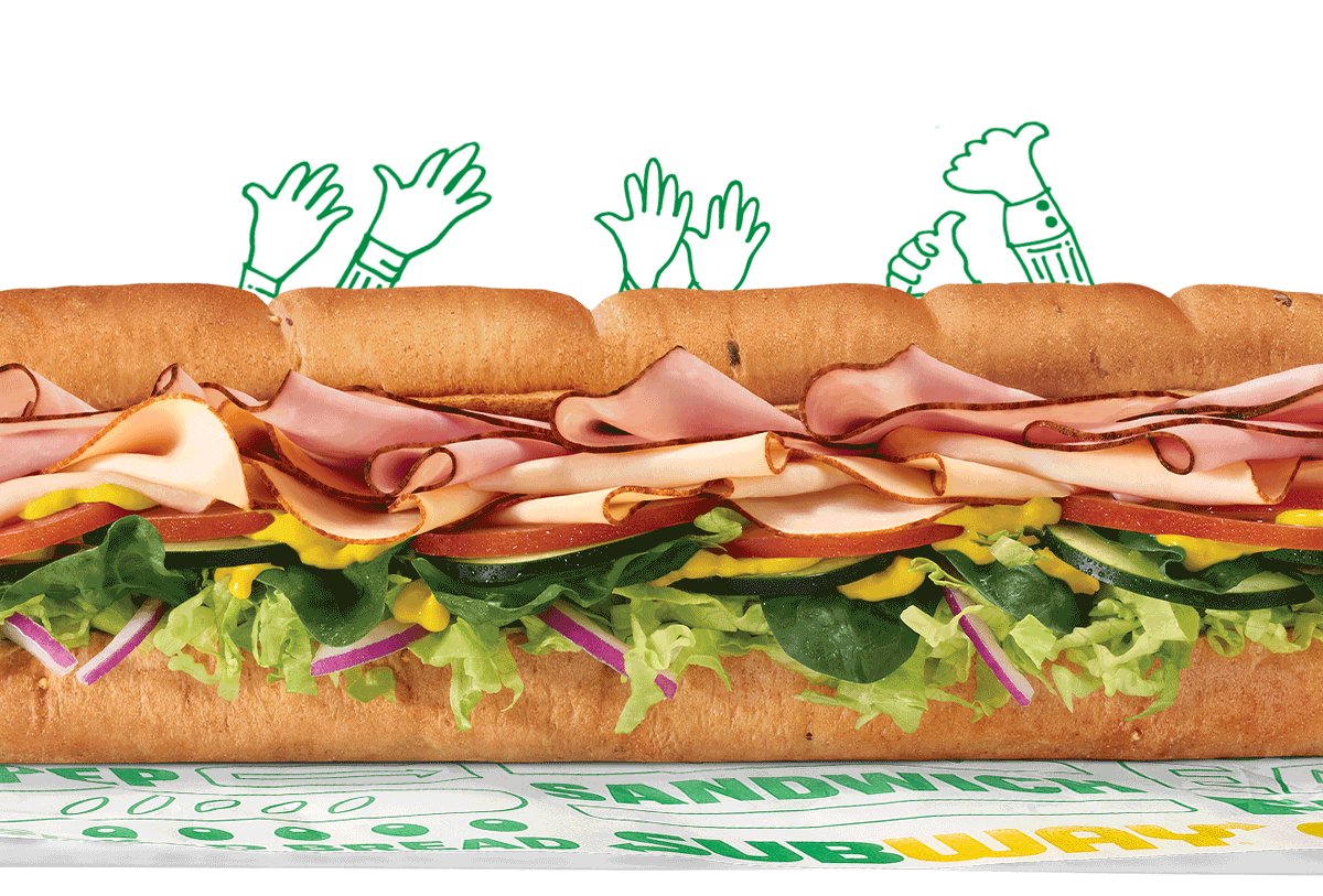 Promotional email for Subway® featuring subs At the top, large green and yellow text reads ‘Say Hooray you get 30% off a sub. Your exclusive sub club savings. Online or App orders only.’. Below it is an image of a footlong sub with lettuce, tomatoes, meats, and toppings on wrapping paper, followed by a yellow ‘Order Now’ button. The next section spotlights three individual sandwiches under the header ‘Meet the subs that people are obsessed with.’ The first is labeled ‘Oven Roasted Turkey,’ filled with vegetables and sliced turkey. The second is labeled ‘Steak Philly,’ filled with melted cheese and steak. The third is labeled ‘Classic Tuna,’ showing a tuna sub with lettuce and tomatoes.