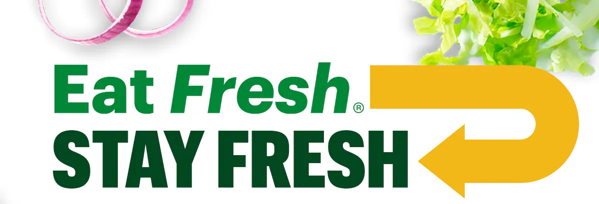 Promotional email for Subway®. The top section shows the headline ‘Eat Fresh®, Stay Fresh’ above a six inch sub on branded wrapping paper, surrounded by lettuce, sliced cucumbers and tomatoes. A caption reads: ‘From fresh-sliced veggies to fresh baked bread, and fresh‑sliced meat—your faves are always fresh‑made.’. A yellow button below says ‘Build Your Sub.’. The next section contains multiple behind‑the‑scenes images of food prep stations, fresh sliced vegetables, sliced meats, and Subway®sandwich assembly. A green headline reads: ‘Behind the scenes with our Sandwich Artists.’. The bottom section highlights ingredients with callouts pointing to tomatoes, bread, and meats on a fully assembled sub, with text describing tomatoes picked at peak ripeness, bread baked daily, and a selection of freshly sliced meat. Overall image promotes freshness and ingredient quality.