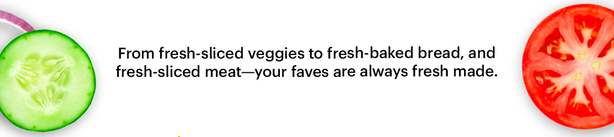 Promotional email for Subway®. The top section shows the headline ‘Eat Fresh®, Stay Fresh’ above a six inch sub on branded wrapping paper, surrounded by lettuce, sliced cucumbers and tomatoes. A caption reads: ‘From fresh-sliced veggies to fresh baked bread, and fresh‑sliced meat—your faves are always fresh‑made.’. A yellow button below says ‘Build Your Sub.’. The next section contains multiple behind‑the‑scenes images of food prep stations, fresh sliced vegetables, sliced meats, and Subway®sandwich assembly. A green headline reads: ‘Behind the scenes with our Sandwich Artists.’. The bottom section highlights ingredients with callouts pointing to tomatoes, bread, and meats on a fully assembled sub, with text describing tomatoes picked at peak ripeness, bread baked daily, and a selection of freshly sliced meat. Overall image promotes freshness and ingredient quality.
