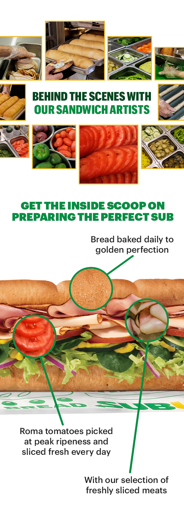 Promotional email for Subway®. The top section shows the headline ‘Eat Fresh®, Stay Fresh’ above a six inch sub on branded wrapping paper, surrounded by lettuce, sliced cucumbers and tomatoes. A caption reads: ‘From fresh-sliced veggies to fresh baked bread, and fresh‑sliced meat—your faves are always fresh‑made.’. A yellow button below says ‘Build Your Sub.’. The next section contains multiple behind‑the‑scenes images of food prep stations, fresh sliced vegetables, sliced meats, and Subway®sandwich assembly. A green headline reads: ‘Behind the scenes with our Sandwich Artists.’. The bottom section highlights ingredients with callouts pointing to tomatoes, bread, and meats on a fully assembled sub, with text describing tomatoes picked at peak ripeness, bread baked daily, and a selection of freshly sliced meat. Overall image promotes freshness and ingredient quality.