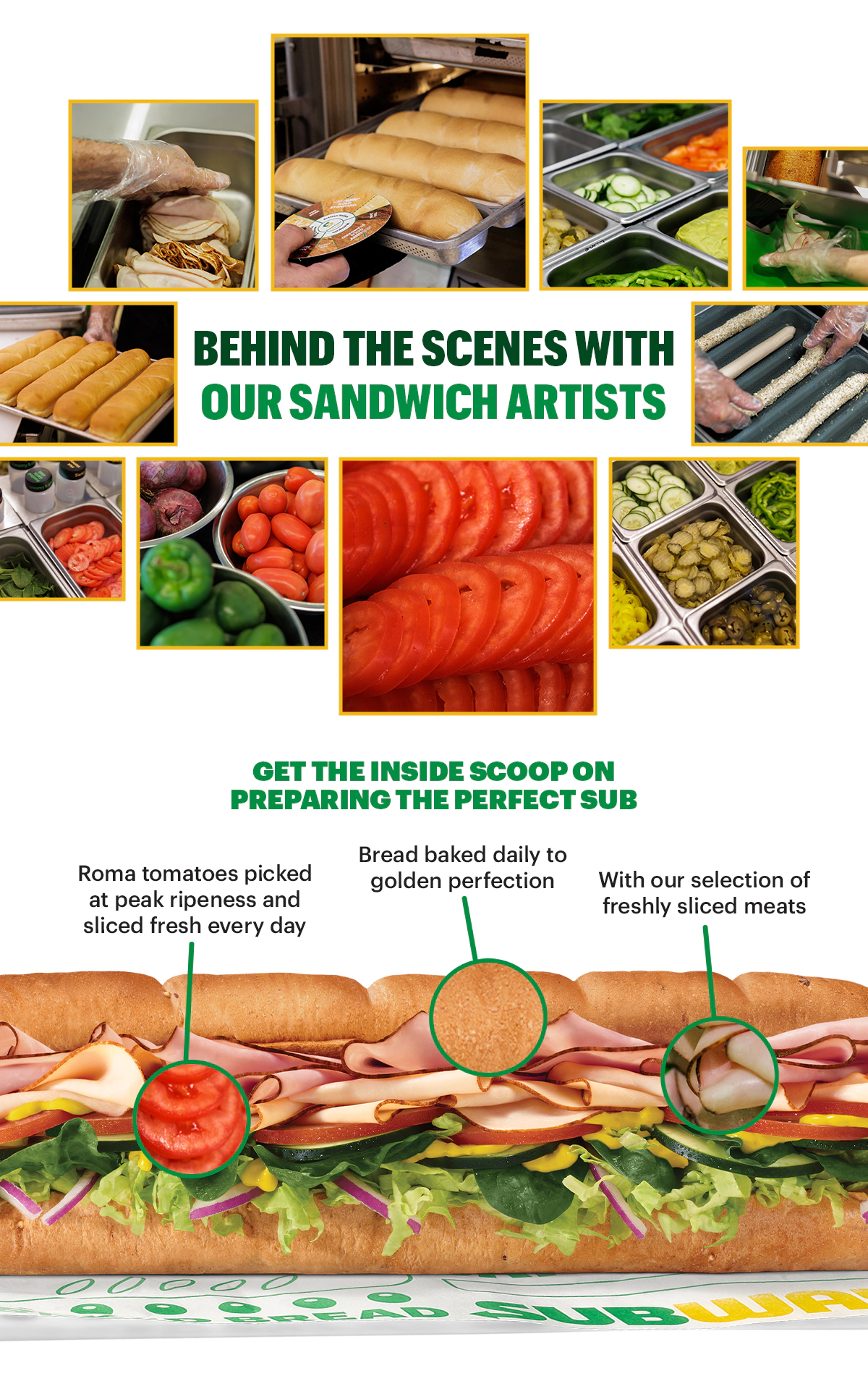 Promotional email for Subway®. The top section shows the headline ‘Eat Fresh®, Stay Fresh’ above a six inch sub on branded wrapping paper, surrounded by lettuce, sliced cucumbers and tomatoes. A caption reads: ‘From fresh-sliced veggies to fresh baked bread, and fresh‑sliced meat—your faves are always fresh‑made.’. A yellow button below says ‘Build Your Sub.’. The next section contains multiple behind‑the‑scenes images of food prep stations, fresh sliced vegetables, sliced meats, and Subway®sandwich assembly. A green headline reads: ‘Behind the scenes with our Sandwich Artists.’. The bottom section highlights ingredients with callouts pointing to tomatoes, bread, and meats on a fully assembled sub, with text describing tomatoes picked at peak ripeness, bread baked daily, and a selection of freshly sliced meat. Overall image promotes freshness and ingredient quality.