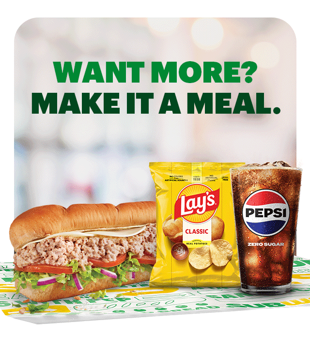 Promotional email for Subway® featuring 4 subs at the top, large green text reads ‘Secure your next sub for 30% Off. Online or App orders only’. Below is an ‘Order Now’ button. The next section spotlights how you can turn your sub into a meal by adding chips and a drink. Reading 'Want more? Make it a meal.'. At the bottom there's a yellow 'Make it a meal' button.