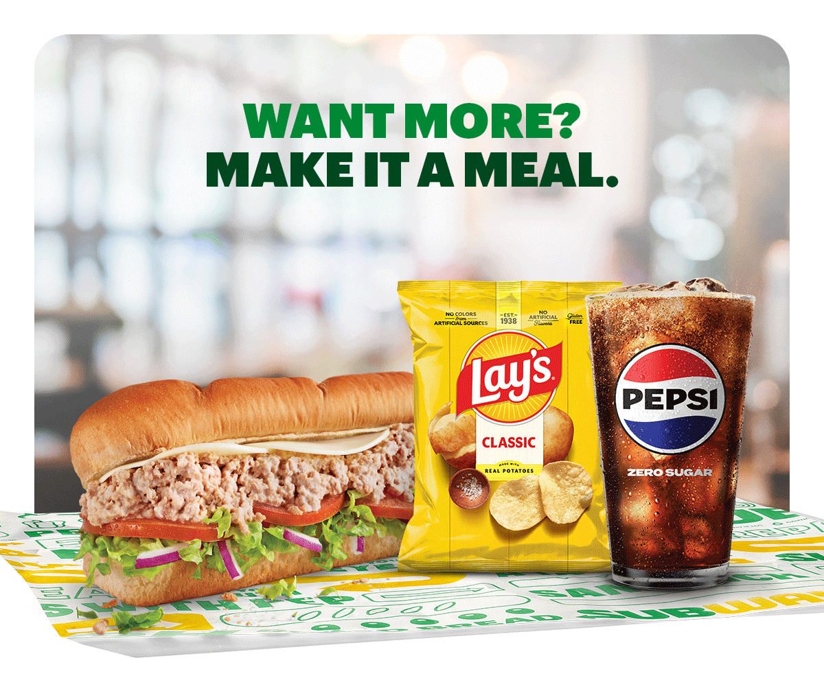 Promotional email for Subway® featuring 4 subs at the top, large green text reads ‘Secure your next sub for 30% Off. Online or App orders only’. Below is an ‘Order Now’ button. The next section spotlights how you can turn your sub into a meal by adding chips and a drink. Reading 'Want more? Make it a meal.'. At the bottom there's a yellow 'Make it a meal' button.