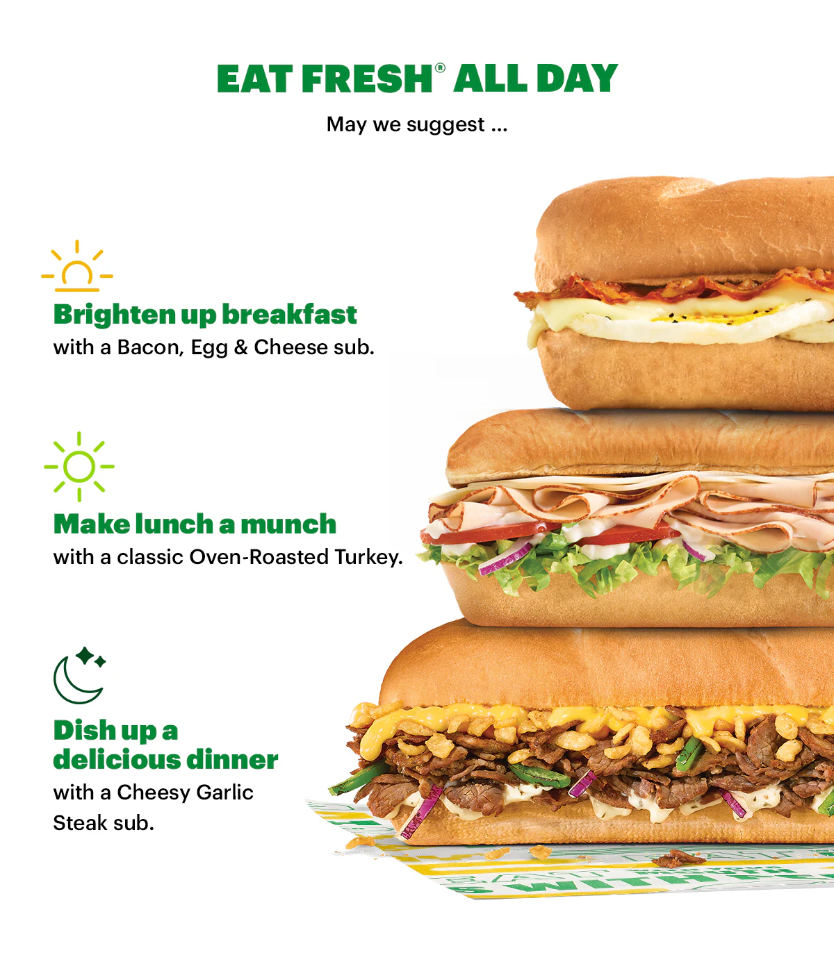 Subway® promotional graphic offering 30% off a sub, available online or in the app. Shows two subs at the top and three suggested sandwiches for breakfast, lunch, and dinner, with order buttons.