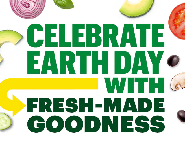 Subway® Earth Day promotional email featuring colorful fresh vegetables, two Footlong subs, and text about celebrating Earth Day with fresh‑made goodness. Includes images of sliced tomatoes, baked bread, banana peppers, and spinach. Two yellow ‘Order Your Fave’ buttons appear. The bottom section highlights Subway’s environmental promise, shown above a small plant sprouting from soil.
