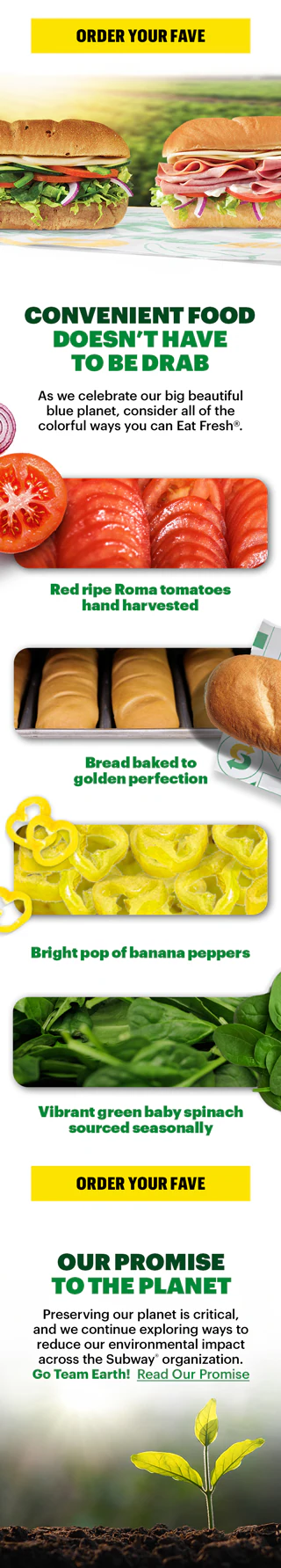 Subway® Earth Day promotional email featuring colorful fresh vegetables, two Footlong subs, and text about celebrating Earth Day with fresh‑made goodness. Includes images of sliced tomatoes, baked bread, banana peppers, and spinach. Two yellow ‘Order Your Fave’ buttons appear. The bottom section highlights Subway’s environmental promise, shown above a small plant sprouting from soil.