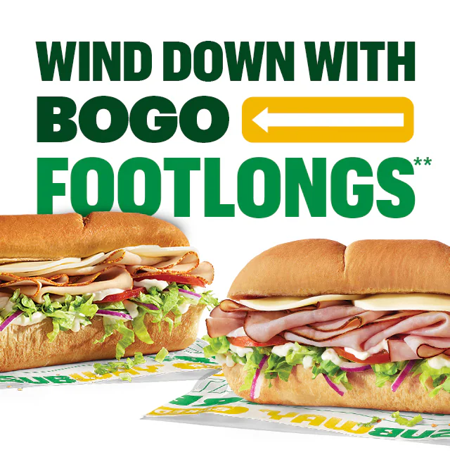A Subway® promotional email featuring the headline ‘Wind Down with BOGO Footlongs’. Two Footlong subs are displayed, including varieties with deli meats, vegetables, and sauces on branded wrapping paper. A short message explains that guests can use code FLBOGO in the app or online to redeem the offer. A yellow button labeled ‘Secure Sunday Savings' appears below. A final message talks about how in Sub Club you earn points, can redeem 400 points for Subway® Cash, celebrate your birthday with a free cookie and get other member only bonuses and deals.