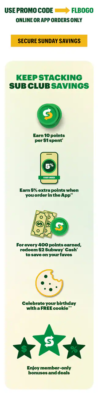 A Subway® promotional email featuring the headline ‘Wind Down with BOGO Footlongs’. Two Footlong subs are displayed, including varieties with deli meats, vegetables, and sauces on branded wrapping paper. A short message explains that guests can use code FLBOGO in the app or online to redeem the offer. A yellow button labeled ‘Secure Sunday Savings' appears below. A final message talks about how in Sub Club you earn points, can redeem 400 points for Subway® Cash, celebrate your birthday with a free cookie and get other member only bonuses and deals.
