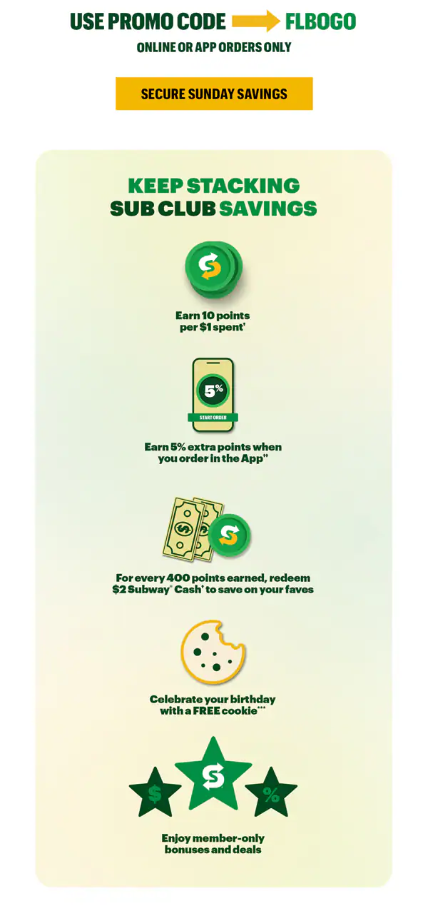 A Subway® promotional email featuring the headline ‘Wind Down with BOGO Footlongs’. Two Footlong subs are displayed, including varieties with deli meats, vegetables, and sauces on branded wrapping paper. A short message explains that guests can use code FLBOGO in the app or online to redeem the offer. A yellow button labeled ‘Secure Sunday Savings' appears below. A final message talks about how in Sub Club you earn points, can redeem 400 points for Subway® Cash, celebrate your birthday with a free cookie and get other member only bonuses and deals.