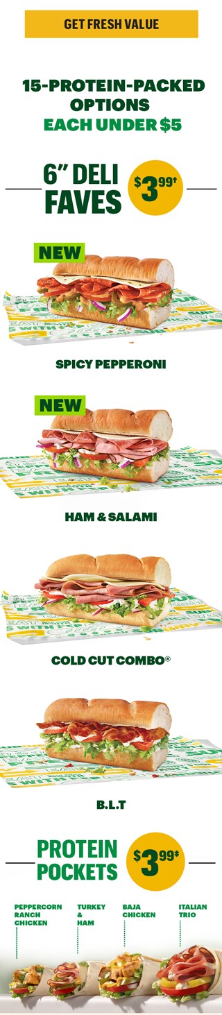 Promotional Subway® email announcing “Fuel Up for Less” and a new Fresh Value Menu. Headline states 15 protein-packed menu options each under $5. Sections list items and prices: 6‑inch Deli Faves for $3.99, Protein Pockets for $3.99, and Sub of the Day for $4.99. Menu items shown include Spicy Pepperoni, Ham and Salami, Cold Cut Combo, BLT, multiple Protein Pocket varieties, and daily Sub of the Day options such as Meatball, Tuna, Sweet Onion Teriyaki, Turkey, Black Forest Ham, B.M.T.®, and Spicy Italian. Calls to action read “Get Fresh Value.”