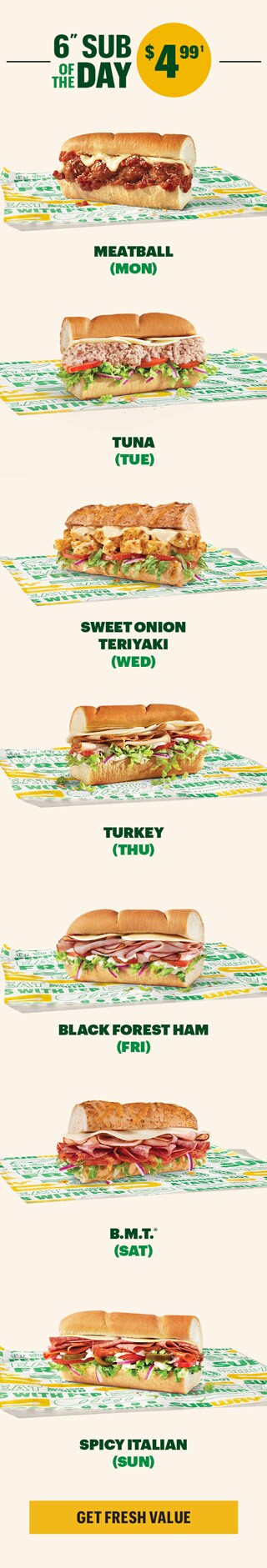 Promotional Subway® email announcing “Fuel Up for Less” and a new Fresh Value Menu. Headline states 15 protein-packed menu options each under $5. Sections list items and prices: 6‑inch Deli Faves for $3.99, Protein Pockets for $3.99, and Sub of the Day for $4.99. Menu items shown include Spicy Pepperoni, Ham and Salami, Cold Cut Combo, BLT, multiple Protein Pocket varieties, and daily Sub of the Day options such as Meatball, Tuna, Sweet Onion Teriyaki, Turkey, Black Forest Ham, B.M.T.®, and Spicy Italian. Calls to action read “Get Fresh Value.”