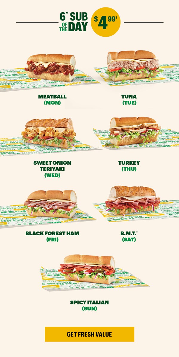 Promotional Subway® email announcing “Fuel Up for Less” and a new Fresh Value Menu. Headline states 15 protein-packed menu options each under $5. Sections list items and prices: 6‑inch Deli Faves for $3.99, Protein Pockets for $3.99, and Sub of the Day for $4.99. Menu items shown include Spicy Pepperoni, Ham and Salami, Cold Cut Combo, BLT, multiple Protein Pocket varieties, and daily Sub of the Day options such as Meatball, Tuna, Sweet Onion Teriyaki, Turkey, Black Forest Ham, B.M.T.®, and Spicy Italian. Calls to action read “Get Fresh Value.”
