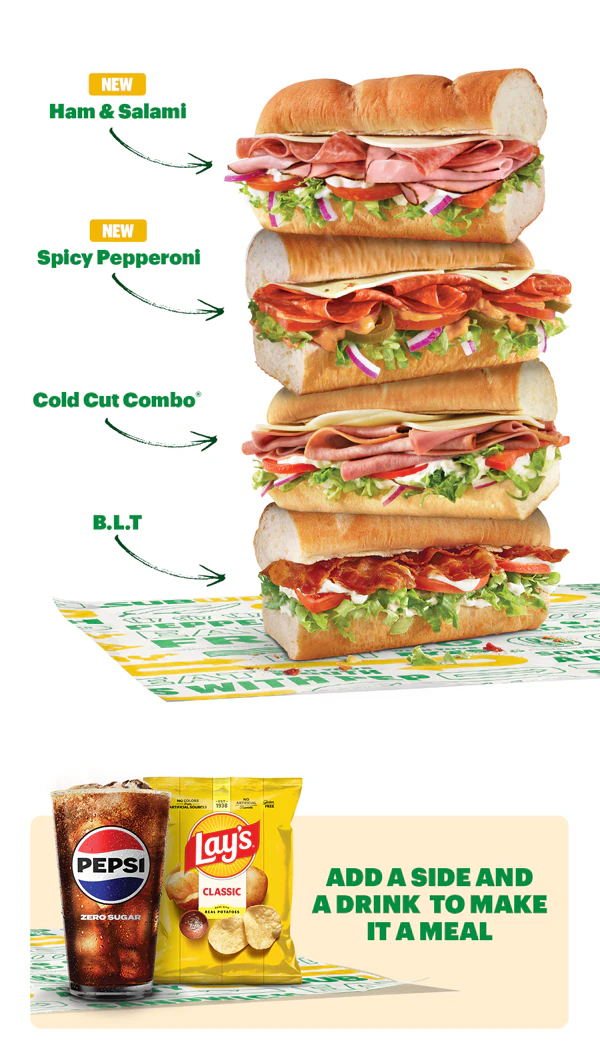Promotional image for Subway’s Fresh Value Menu showing a hand holding a 6-inch deli sandwich across a table and a stack of four labeled 6-inch subs: Ham & Salami, Spicy Pepperoni, Cold Cut Combo®, and B.L.T. Text highlights “15 protein-packed options, each under $5,” “Featuring New Deli Faves,” and “$3.99 6-inch.” A Pepsi drink and Lay’s chips appear below with text reading “Add a side and a drink to make it a meal,” and “Order Now.”