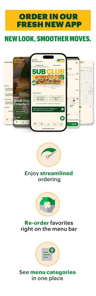 Promotional image for Subway® featuring a footlong sub with text reading “Your Next Footlong Is Just $6.99.” Additional text notes online or app orders only with promo code 699FL and an “Order & Save” button. The middle section highlights ordering on the newly refreshed Subway® app, with streamlined ordering, re-ordering straight from the menu bar, and see all menu categories in on place. Below, a tertiary panel promotes a Subway® gift card with text reading “Show Mom Your Good Taste With a Subway® Gift Card” and an offer stating “For every $25 gift card purchase, you get a free 6-inch sub,” alongside a gift card graphic and sandwich image.