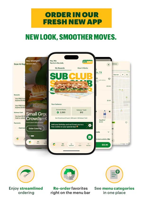 Promotional image for Subway® featuring a footlong sub with text reading “Your Next Footlong Is Just $6.99.” Additional text notes online or app orders only with promo code 699FL and an “Order & Save” button. The middle section highlights ordering on the newly refreshed Subway® app, with streamlined ordering, re-ordering straight from the menu bar, and see all menu categories in on place. Below, a tertiary panel promotes a Subway® gift card with text reading “Show Mom Your Good Taste With a Subway® Gift Card” and an offer stating “For every $25 gift card purchase, you get a free 6-inch sub,” alongside a gift card graphic and sandwich image.