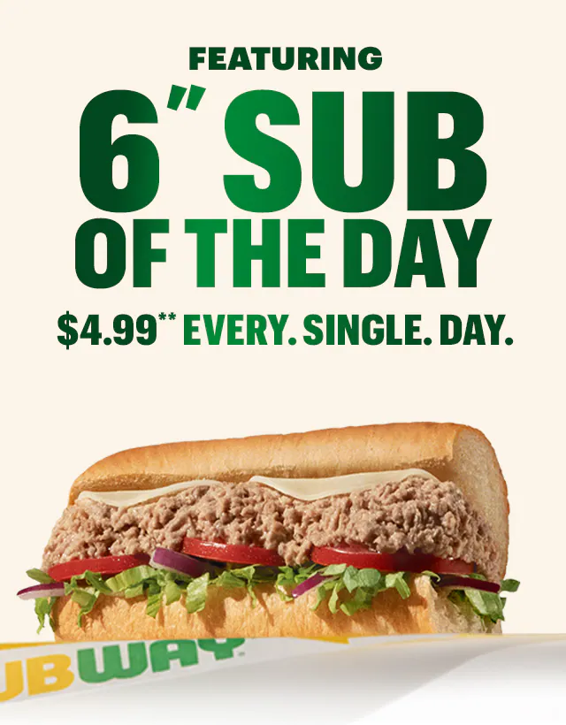 Promotional email for Subway’s Fresh Value Menu. Text reads “15 protein‑packed choices under $5” and “6‑inch Sub of the Day, $4.99 every day.” A tuna sub is shown with the headline “Today’s Catch: Tuna Tuesday.” Below, a weekly lineup displays subs for each day: Meatball Monday, Tuna Tuesday, Sweet Onion Teriyaki Wednesday, Turkey Thursday, Black Forest Ham Friday, B.M.T.® Saturday, and Spicy Italian Sunday. Buttons read “Seize the Day” and “Order Now.”