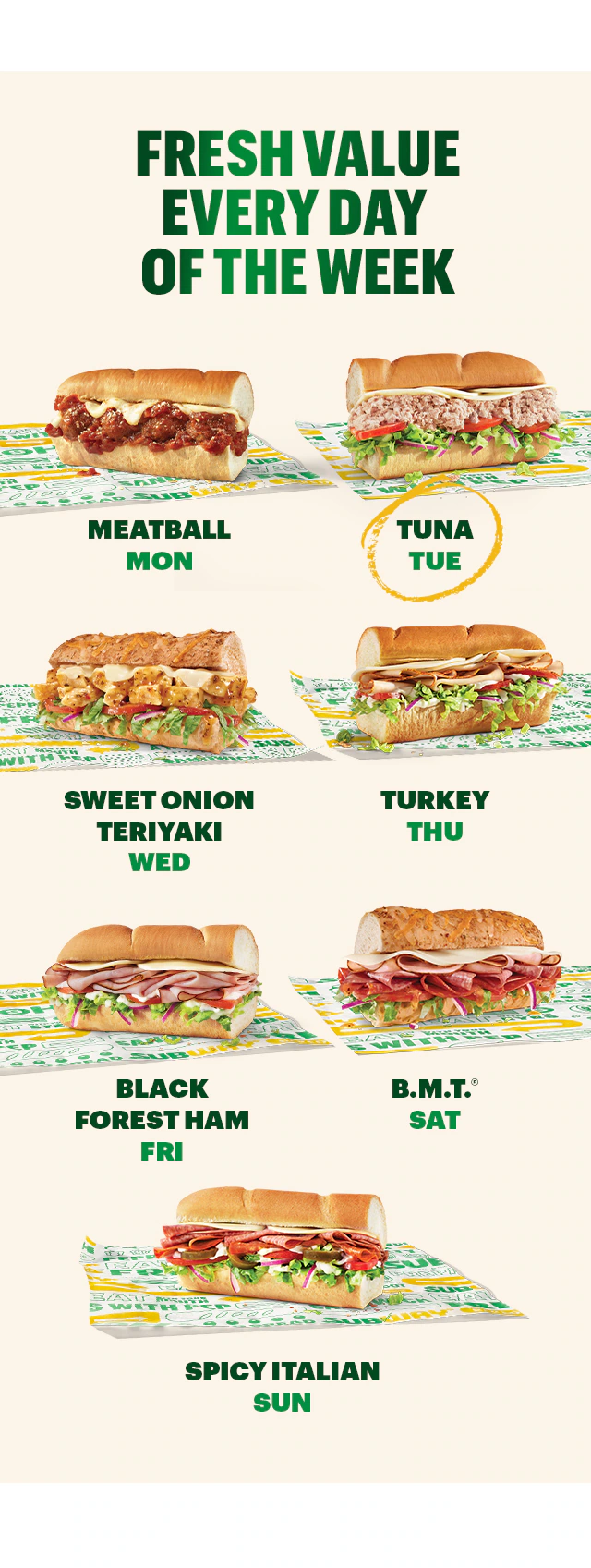 Promotional email for Subway’s Fresh Value Menu. Text reads “15 protein‑packed choices under $5” and “6‑inch Sub of the Day, $4.99 every day.” A tuna sub is shown with the headline “Today’s Catch: Tuna Tuesday.” Below, a weekly lineup displays subs for each day: Meatball Monday, Tuna Tuesday, Sweet Onion Teriyaki Wednesday, Turkey Thursday, Black Forest Ham Friday, B.M.T.® Saturday, and Spicy Italian Sunday. Buttons read “Seize the Day” and “Order Now.”
