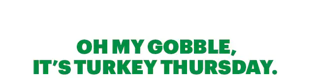 A promotional graphic for Subway’s Sub of the Day. The top section shows the price $4.99 for the Oven‑Roasted Turkey sub with a yellow button labeled ‘Seize the Deal.’ Below it reads ‘Oh My Gobble, It’s Turkey Thursday’ with a short description of the 6‑inch oven‑roasted turkey sub. Further down, a weekly Sub of the Day calendar lists: Meatball Monday, Tuna Tuesday, Sweet Onion Teriyaki Wednesday, Turkey Thursday (highlighted in green), Black Forest Ham Friday, Savory B.M.T. Saturday, and Spicy Italian Sunday. An image of multiple subs appears aligned with each day. A second ‘Seize the Deal’ button appears at the bottom.
