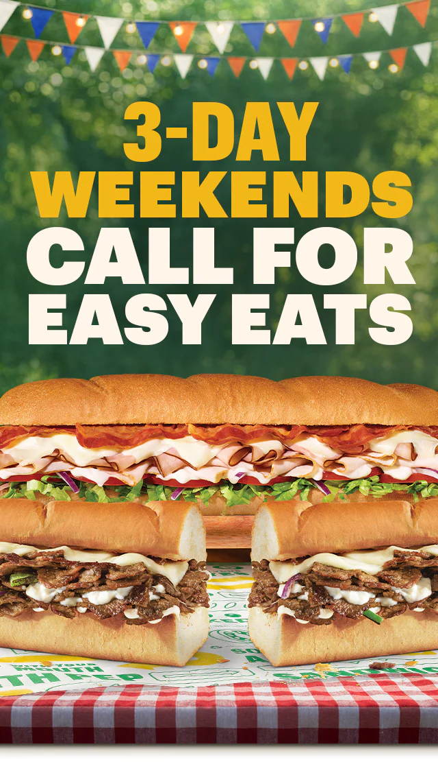 Promotional email highlighting two offers for the long weekend ahead, with the headline “3‑Day Weekends Call for Easy Eats” above several Subway® subs arranged on a picnic table with a green outdoor background and hanging banners. Additional sections show sandwich deals: $6.99 Footlong and Buy one Footlong get one 50% off after 4pm on weekdays and all day on weekends, a callout to order in the app or online, and a featured Oven‑roasted Turkey sub, Tuna, and Steak Philly with a “Order my favorite” button.