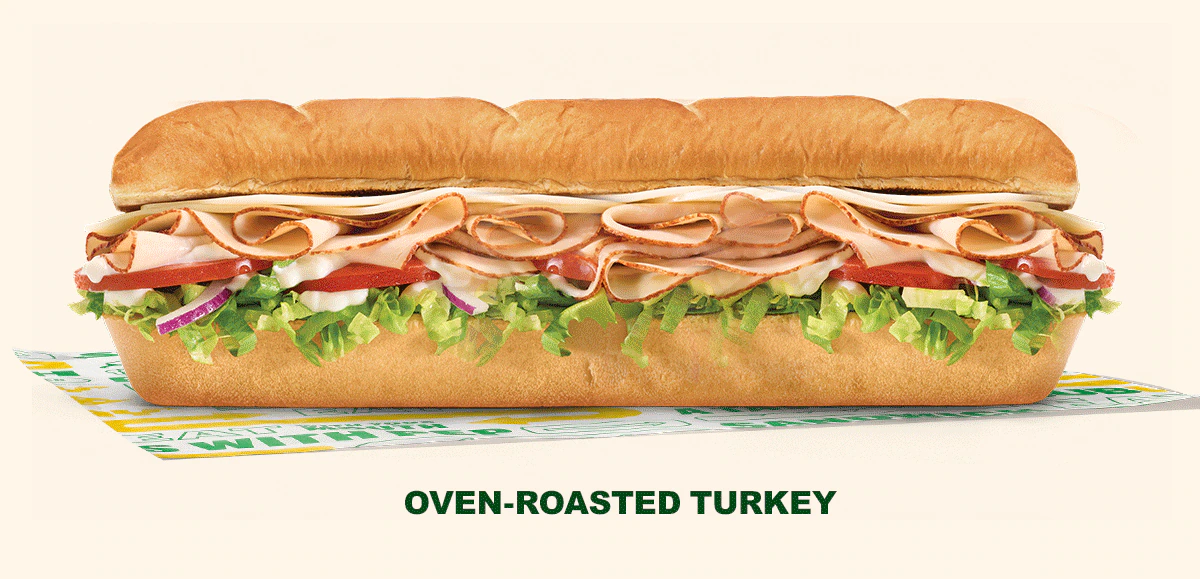 Promotional email highlighting two offers for the long weekend ahead, with the headline “3‑Day Weekends Call for Easy Eats” above several Subway® subs arranged on a picnic table with a green outdoor background and hanging banners. Additional sections show sandwich deals: $6.99 Footlong and Buy one Footlong get one 50% off after 4pm on weekdays and all day on weekends, a callout to order in the app or online, and a featured Oven‑roasted Turkey sub, Tuna, and Steak Philly with a “Order my favorite” button.