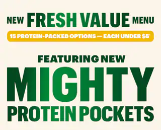 Promotional email for Subway’s Fresh Value Menu. Text reads “15 protein‑packed choices, each under $5” and “featuring new, mighty protein pockets.” All four protein pockets animate through with a price tag of $3.99 next to them. Below, a lineup displays each: Baja Chicken, Turkey & Ham, Italian Trio, Peppercorn Ranch Chicken and a CTA "Let's Roll.”. The bottom highlights fresh new updates on the Subway® App. Enjoy streamlined ordering, re-ordering favorites right on the menu bar and see menu categories in one place are all highlighted as features. The lowest section promotes EA Sports FC Mobile, showing a smartphone with the FC Mobile logo and a Subway® sub, with text reading “Score an EA SPORTS FC™ Mobile Bundle with each digital order" and a button labeled “Score now.”