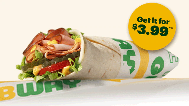 Promotional email for Subway’s Fresh Value Menu. Text reads “15 protein‑packed choices, each under $5” and “featuring new, mighty protein pockets.” All four protein pockets animate through with a price tag of $3.99 next to them. Below, a lineup displays each: Baja Chicken, Turkey & Ham, Italian Trio, Peppercorn Ranch Chicken and a CTA "Let's Roll.”. The bottom highlights fresh new updates on the Subway® App. Enjoy streamlined ordering, re-ordering favorites right on the menu bar and see menu categories in one place are all highlighted as features. The lowest section promotes EA Sports FC Mobile, showing a smartphone with the FC Mobile logo and a Subway® sub, with text reading “Score an EA SPORTS FC™ Mobile Bundle with each digital order" and a button labeled “Score now.”