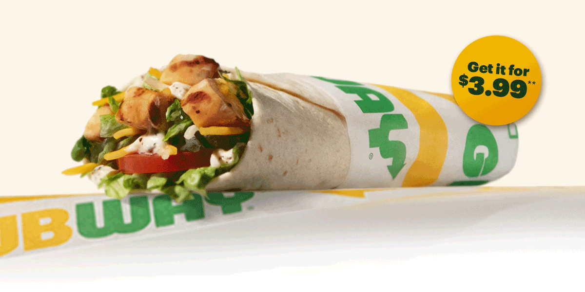 Promotional email for Subway’s Fresh Value Menu. Text reads “15 protein‑packed choices, each under $5” and “featuring new, mighty protein pockets.” All four protein pockets animate through with a price tag of $3.99 next to them. Below, a lineup displays each: Baja Chicken, Turkey & Ham, Italian Trio, Peppercorn Ranch Chicken and a CTA "Let's Roll.”. The bottom highlights fresh new updates on the Subway® App. Enjoy streamlined ordering, re-ordering favorites right on the menu bar and see menu categories in one place are all highlighted as features. The lowest section promotes EA Sports FC Mobile, showing a smartphone with the FC Mobile logo and a Subway® sub, with text reading “Score an EA SPORTS FC™ Mobile Bundle with each digital order" and a button labeled “Score now.”