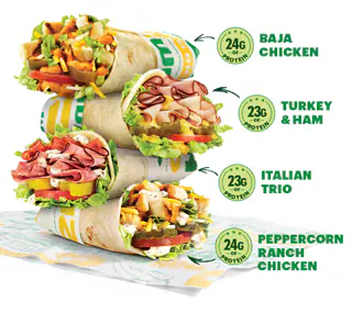 Promotional email for Subway’s Fresh Value Menu. Text reads “15 protein‑packed choices, each under $5” and “featuring new, mighty protein pockets.” All four protein pockets animate through with a price tag of $3.99 next to them. Below, a lineup displays each: Baja Chicken, Turkey & Ham, Italian Trio, Peppercorn Ranch Chicken and a CTA "Let's Roll.”. The bottom highlights fresh new updates on the Subway® App. Enjoy streamlined ordering, re-ordering favorites right on the menu bar and see menu categories in one place are all highlighted as features. The lowest section promotes EA Sports FC Mobile, showing a smartphone with the FC Mobile logo and a Subway® sub, with text reading “Score an EA SPORTS FC™ Mobile Bundle with each digital order" and a button labeled “Score now.”