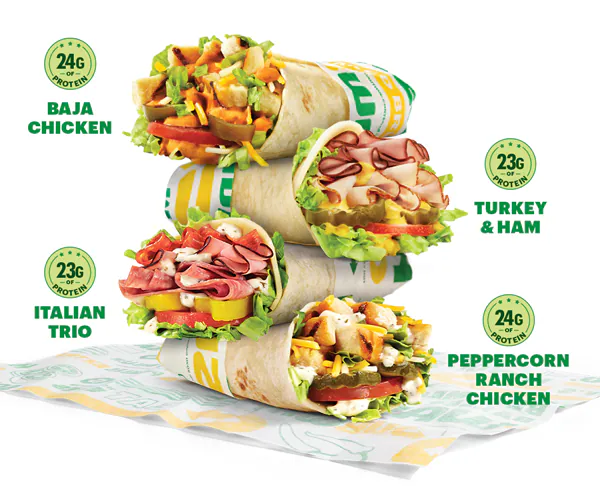 Promotional email for Subway’s Fresh Value Menu. Text reads “15 protein‑packed choices, each under $5” and “featuring new, mighty protein pockets.” All four protein pockets animate through with a price tag of $3.99 next to them. Below, a lineup displays each: Baja Chicken, Turkey & Ham, Italian Trio, Peppercorn Ranch Chicken and a CTA "Let's Roll.”. The bottom highlights fresh new updates on the Subway® App. Enjoy streamlined ordering, re-ordering favorites right on the menu bar and see menu categories in one place are all highlighted as features. The lowest section promotes EA Sports FC Mobile, showing a smartphone with the FC Mobile logo and a Subway® sub, with text reading “Score an EA SPORTS FC™ Mobile Bundle with each digital order" and a button labeled “Score now.”