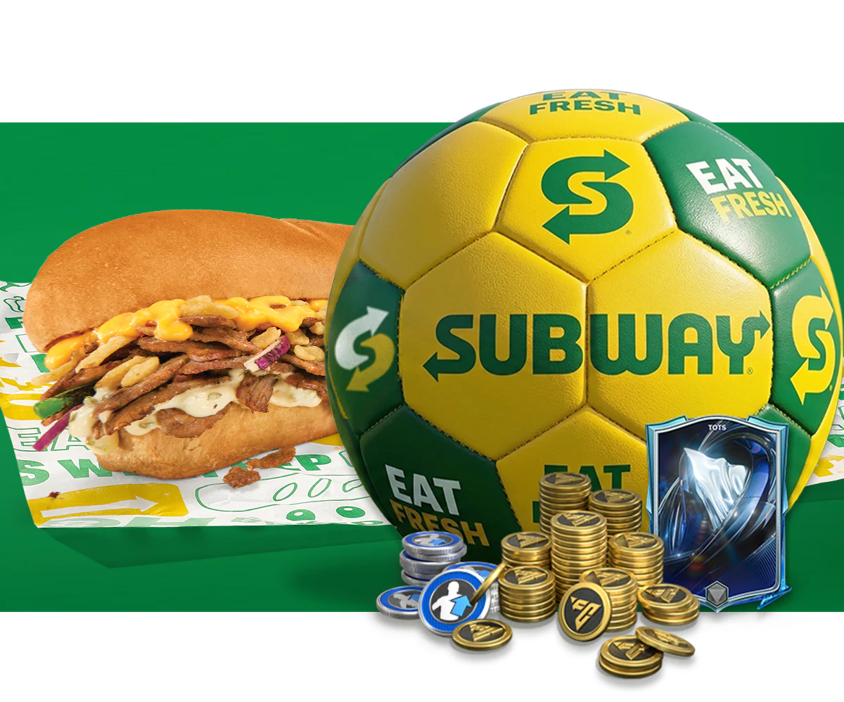Promotional email for Subway’s Fresh Value Menu. Text reads “15 protein‑packed choices, each under $5” and “featuring new, mighty protein pockets.” All four protein pockets animate through with a price tag of $3.99 next to them. Below, a lineup displays each: Baja Chicken, Turkey & Ham, Italian Trio, Peppercorn Ranch Chicken and a CTA "Let's Roll.”. The bottom highlights fresh new updates on the Subway® App. Enjoy streamlined ordering, re-ordering favorites right on the menu bar and see menu categories in one place are all highlighted as features. The lowest section promotes EA Sports FC Mobile, showing a smartphone with the FC Mobile logo and a Subway® sub, with text reading “Score an EA SPORTS FC™ Mobile Bundle with each digital order" and a button labeled “Score now.”