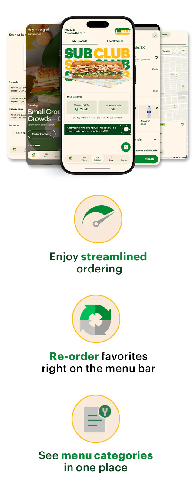 Promotional email for Subway’s Fresh Value Menu. Text reads “15 protein‑packed choices, each under $5” and “featuring new, mighty protein pockets.” All four protein pockets animate through with a price tag of $3.99 next to them. Below, a lineup displays each: Baja Chicken, Turkey & Ham, Italian Trio, Peppercorn Ranch Chicken and a CTA "Let's Roll.”. The bottom highlights fresh new updates on the Subway® App. Enjoy streamlined ordering, re-ordering favorites right on the menu bar and see menu categories in one place are all highlighted as features. The lowest section promotes EA Sports FC Mobile, showing a smartphone with the FC Mobile logo and a Subway® sub, with text reading “Score an EA SPORTS FC™ Mobile Bundle with each digital order" and a button labeled “Score now.”