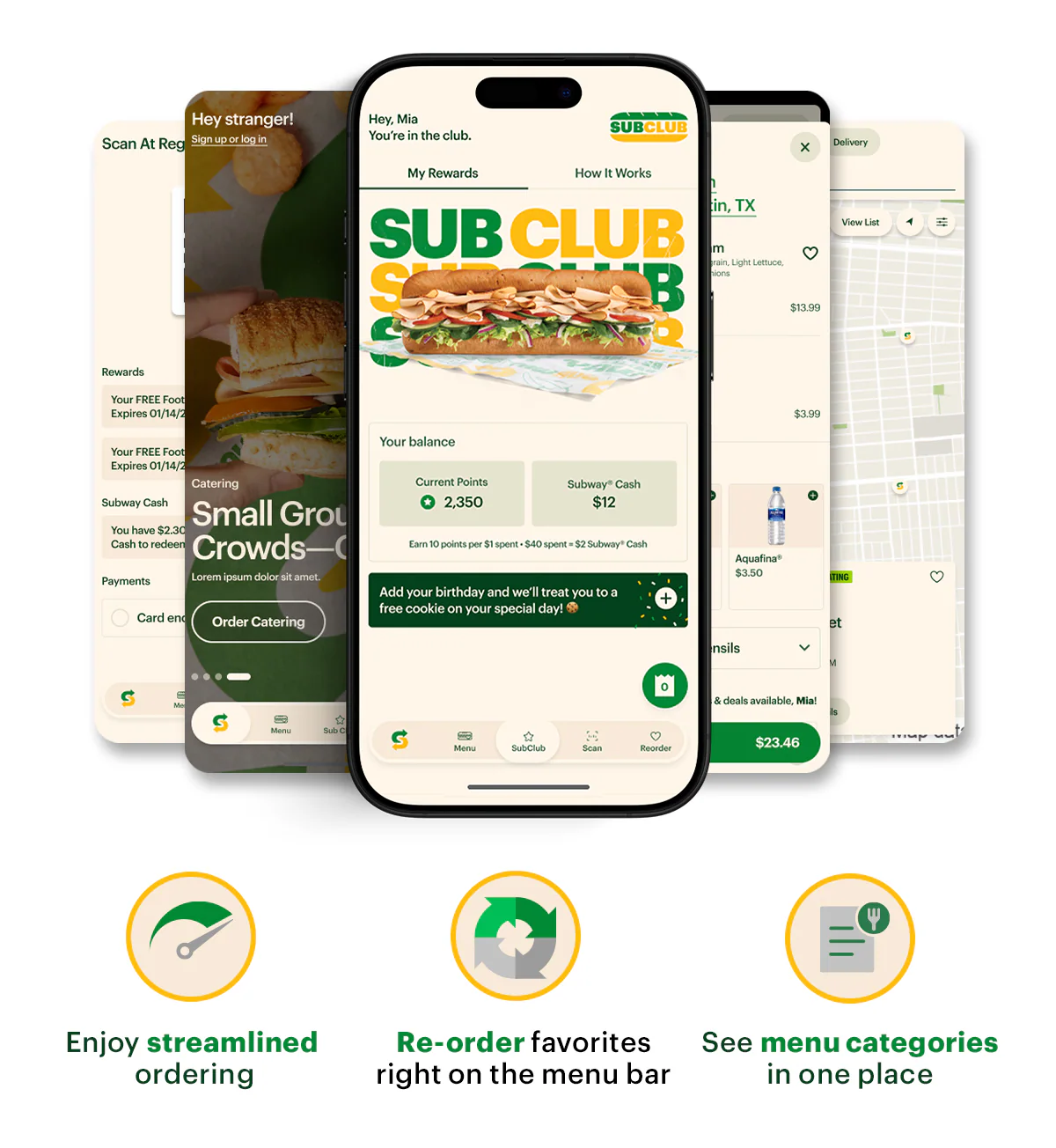 Promotional email for Subway’s Fresh Value Menu. Text reads “15 protein‑packed choices, each under $5” and “featuring new, mighty protein pockets.” All four protein pockets animate through with a price tag of $3.99 next to them. Below, a lineup displays each: Baja Chicken, Turkey & Ham, Italian Trio, Peppercorn Ranch Chicken and a CTA "Let's Roll.”. The bottom highlights fresh new updates on the Subway® App. Enjoy streamlined ordering, re-ordering favorites right on the menu bar and see menu categories in one place are all highlighted as features. The lowest section promotes EA Sports FC Mobile, showing a smartphone with the FC Mobile logo and a Subway® sub, with text reading “Score an EA SPORTS FC™ Mobile Bundle with each digital order" and a button labeled “Score now.”