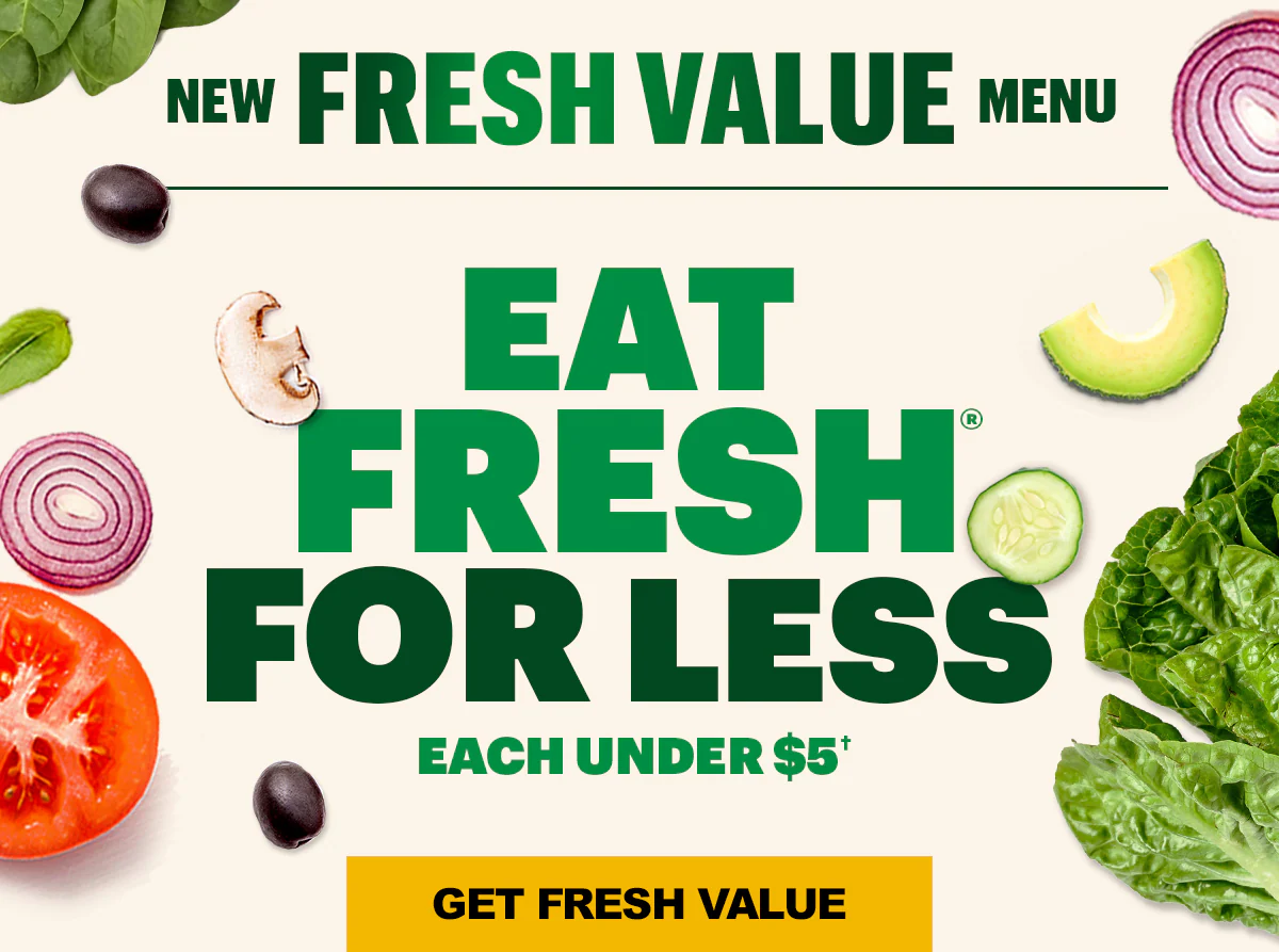 Subway® promotional email titled “Eat® Fresh For Less.” Highlights the Fresh Value Menu with items under five dollars. Shows deli sandwiches including Spicy Pepperoni, Ham and Salami, Cold Cut Combo®, and B.L.T., priced at $3.99 for a six‑inch. Displays protein pockets priced at $3.99 and a six‑inch Sub of the Day priced at $4.99 with different sandwiches listed for each day of the week.