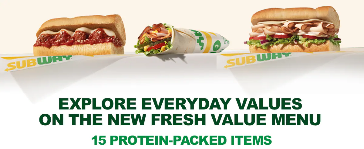 Subway® promotional email titled “Eat® Fresh For Less.” Highlights the Fresh Value Menu with items under five dollars. Shows deli sandwiches including Spicy Pepperoni, Ham and Salami, Cold Cut Combo®, and B.L.T., priced at $3.99 for a six‑inch. Displays protein pockets priced at $3.99 and a six‑inch Sub of the Day priced at $4.99 with different sandwiches listed for each day of the week.