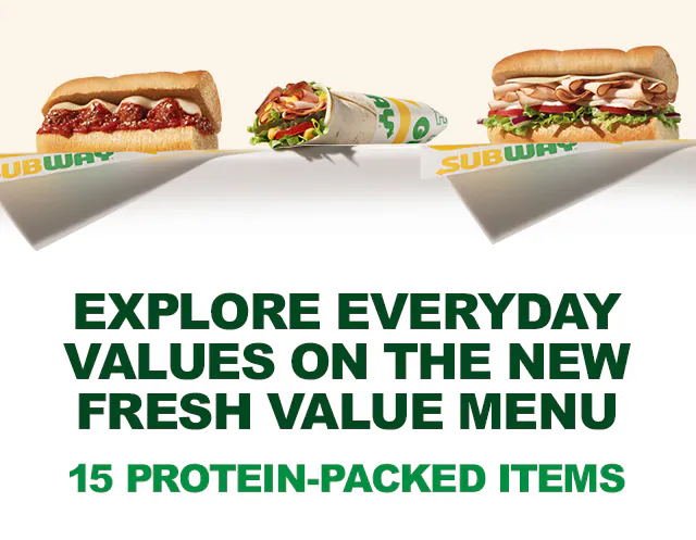 Subway® promotional email titled “Eat® Fresh For Less.” Highlights the Fresh Value Menu with items under five dollars. Shows deli sandwiches including Spicy Pepperoni, Ham and Salami, Cold Cut Combo®, and B.L.T., priced at $3.99 for a six‑inch. Displays protein pockets priced at $3.99 and a six‑inch Sub of the Day priced at $4.99 with different sandwiches listed for each day of the week.