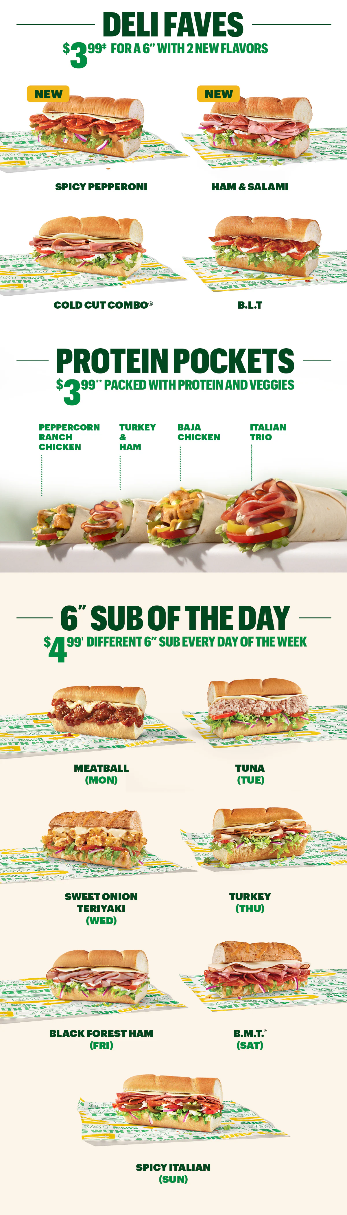 Subway® promotional email titled “Eat® Fresh For Less.” Highlights the Fresh Value Menu with items under five dollars. Shows deli sandwiches including Spicy Pepperoni, Ham and Salami, Cold Cut Combo®, and B.L.T., priced at $3.99 for a six‑inch. Displays protein pockets priced at $3.99 and a six‑inch Sub of the Day priced at $4.99 with different sandwiches listed for each day of the week.