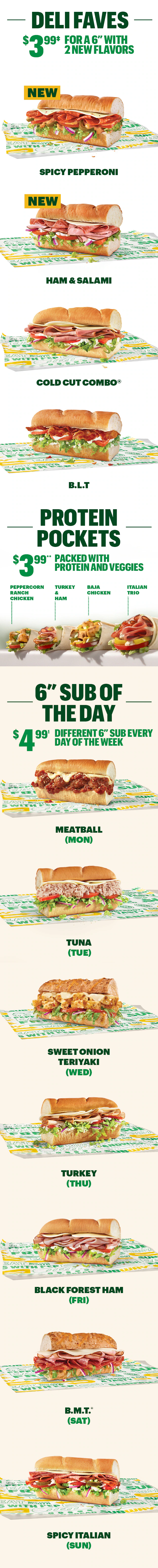 Subway® promotional email titled “Eat® Fresh For Less.” Highlights the Fresh Value Menu with items under five dollars. Shows deli sandwiches including Spicy Pepperoni, Ham and Salami, Cold Cut Combo®, and B.L.T., priced at $3.99 for a six‑inch. Displays protein pockets priced at $3.99 and a six‑inch Sub of the Day priced at $4.99 with different sandwiches listed for each day of the week.