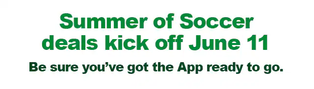 Subway® promotional email around saving in the App once the upcoming tournament starts, headline text reading “Soccer, Subs & Unstoppable Savings.” Two sandwiches flank a Subway soccer badge. Text below states “Summer of Soccer deals kick off June 11” and encourages downloading the app. Additional sections represent that when USA wins, you get 40% Off a Footlong plus other deals incoming on meal options with sandwiches, chips, cookies, and drinks for different group sizes, followed by a section in support of the FM mobile game code. The end features “Time for a sub” and an “Order now” button, with a large sandwich image at the bottom.