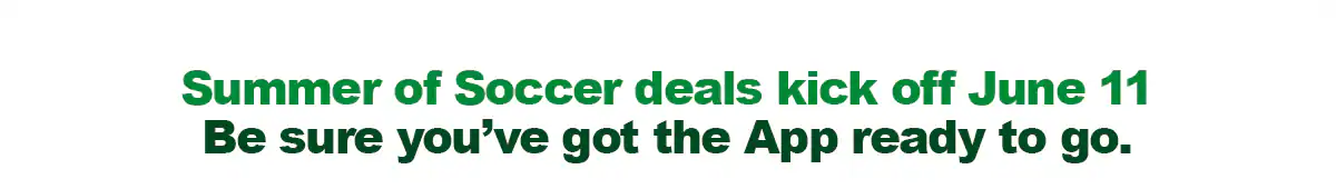 Subway® promotional email around saving in the App once the upcoming tournament starts, headline text reading “Soccer, Subs & Unstoppable Savings.” Two sandwiches flank a Subway soccer badge. Text below states “Summer of Soccer deals kick off June 11” and encourages downloading the app. Additional sections represent that when USA wins, you get 40% Off a Footlong plus other deals incoming on meal options with sandwiches, chips, cookies, and drinks for different group sizes, followed by a section in support of the FM mobile game code. The end features “Time for a sub” and an “Order now” button, with a large sandwich image at the bottom.