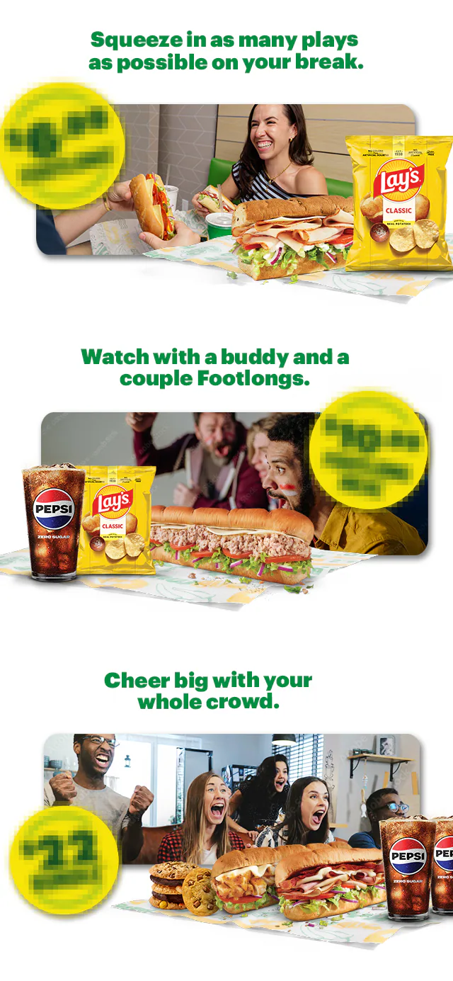 Subway® promotional email around saving in the App once the upcoming tournament starts, headline text reading “Soccer, Subs & Unstoppable Savings.” Two sandwiches flank a Subway soccer badge. Text below states “Summer of Soccer deals kick off June 11” and encourages downloading the app. Additional sections represent that when USA wins, you get 40% Off a Footlong plus other deals incoming on meal options with sandwiches, chips, cookies, and drinks for different group sizes, followed by a section in support of the FM mobile game code. The end features “Time for a sub” and an “Order now” button, with a large sandwich image at the bottom.