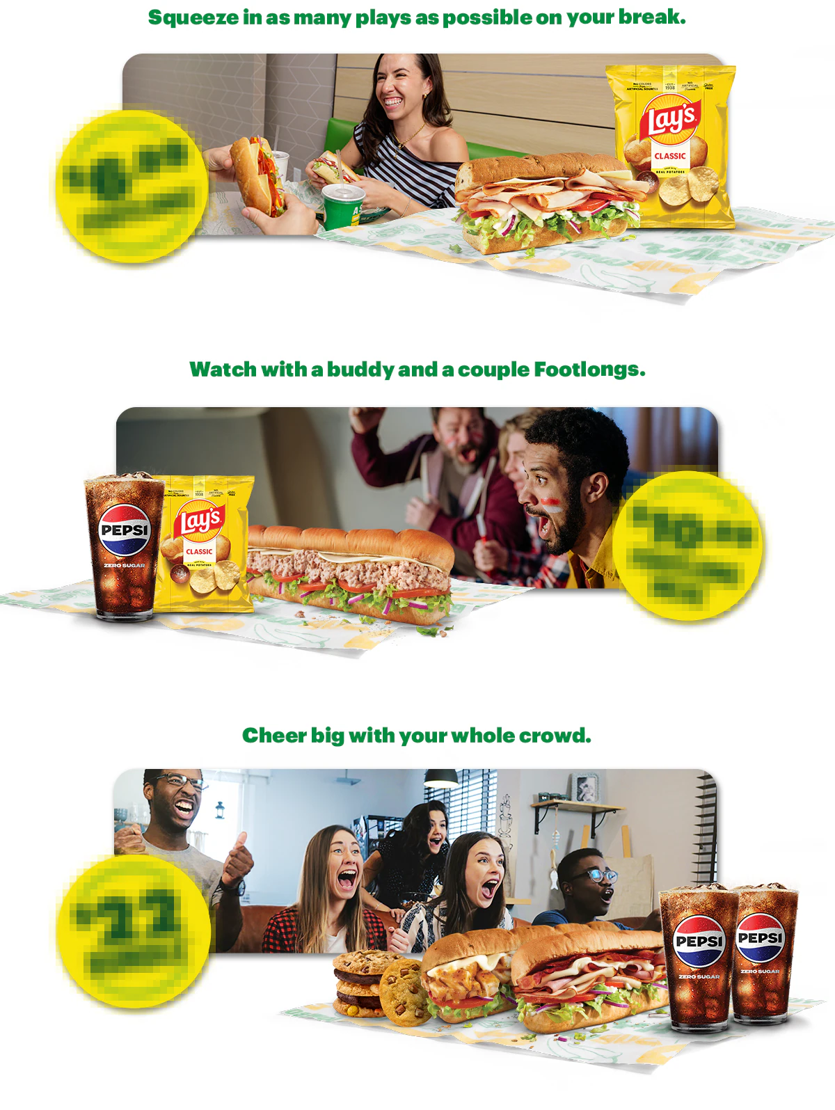 Subway® promotional email around saving in the App once the upcoming tournament starts, headline text reading “Soccer, Subs & Unstoppable Savings.” Two sandwiches flank a Subway soccer badge. Text below states “Summer of Soccer deals kick off June 11” and encourages downloading the app. Additional sections represent that when USA wins, you get 40% Off a Footlong plus other deals incoming on meal options with sandwiches, chips, cookies, and drinks for different group sizes, followed by a section in support of the FM mobile game code. The end features “Time for a sub” and an “Order now” button, with a large sandwich image at the bottom.