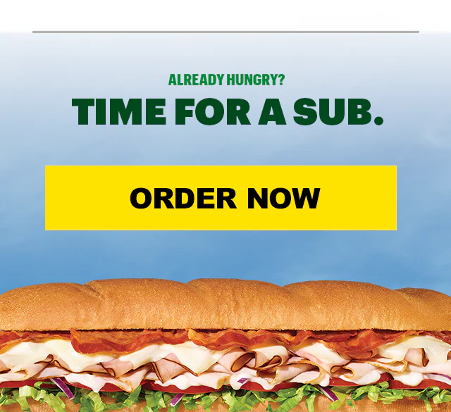 Subway® promotional email around saving in the App once the upcoming tournament starts, headline text reading “Soccer, Subs & Unstoppable Savings.” Two sandwiches flank a Subway soccer badge. Text below states “Summer of Soccer deals kick off June 11” and encourages downloading the app. Additional sections represent that when USA wins, you get 40% Off a Footlong plus other deals incoming on meal options with sandwiches, chips, cookies, and drinks for different group sizes, followed by a section in support of the FM mobile game code. The end features “Time for a sub” and an “Order now” button, with a large sandwich image at the bottom.