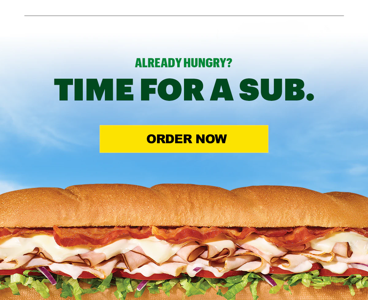 Subway® promotional email around saving in the App once the upcoming tournament starts, headline text reading “Soccer, Subs & Unstoppable Savings.” Two sandwiches flank a Subway soccer badge. Text below states “Summer of Soccer deals kick off June 11” and encourages downloading the app. Additional sections represent that when USA wins, you get 40% Off a Footlong plus other deals incoming on meal options with sandwiches, chips, cookies, and drinks for different group sizes, followed by a section in support of the FM mobile game code. The end features “Time for a sub” and an “Order now” button, with a large sandwich image at the bottom.
