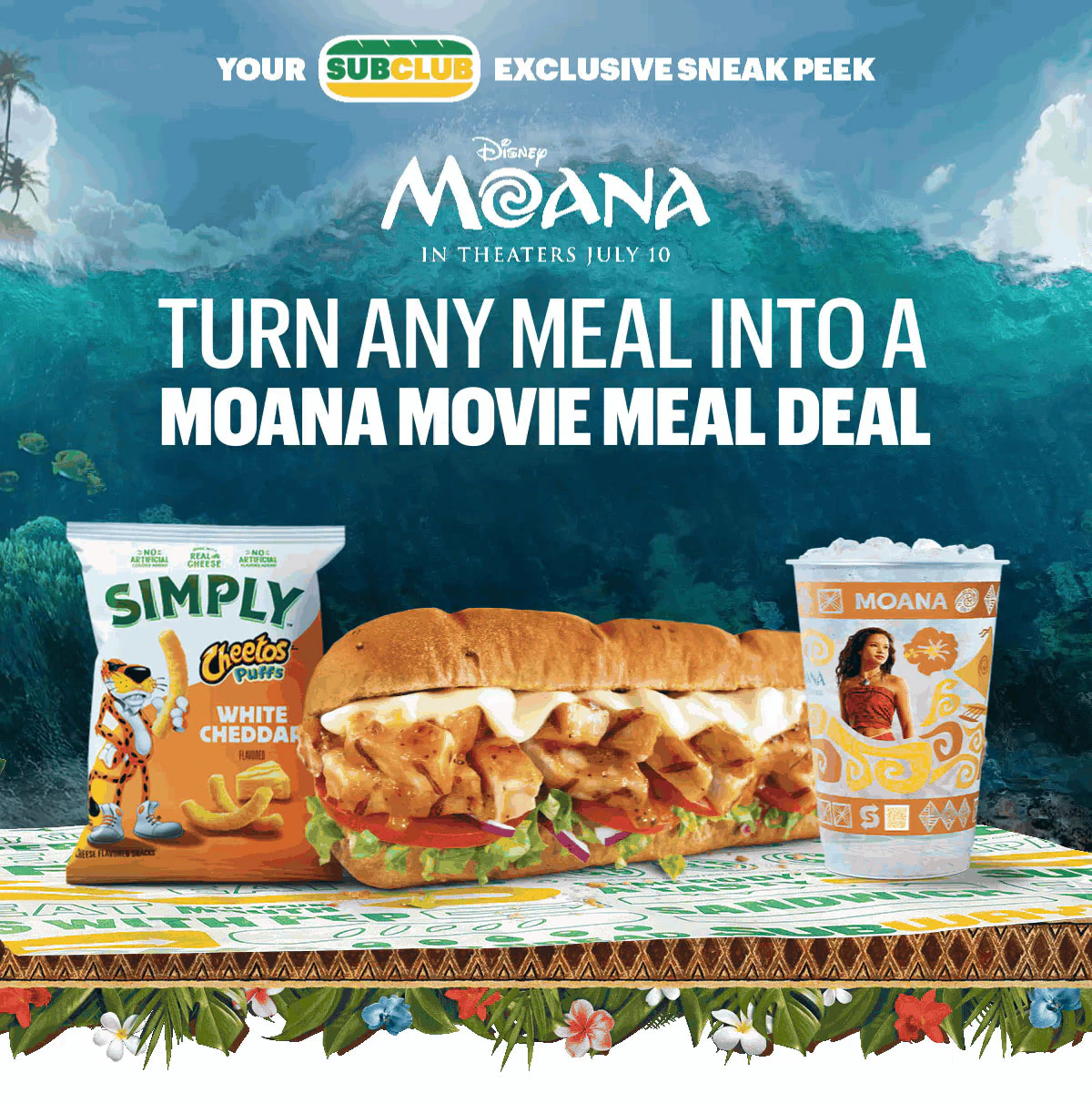 Sub Club promotional email for a Disney Moana movie meal deal showing a Subway® sandwich, a bag of Simply Cheetos Puffs White Cheddar, and a themed drink cup on a table in front of an ocean background. Text reads “Turn any meal into a Moana adventure” and “Moana movie meal deal.” Offer includes a $15 Fandango promo code and a collectible cup with purchase. Additional image shows five different Moana-themed cups featuring character designs and the message “Collect all 5 cups.” Buttons read “Order a meal” and “Order now.”