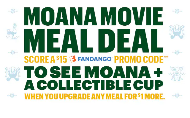 Sub Club promotional email for a Disney Moana movie meal deal showing a Subway® sandwich, a bag of Simply Cheetos Puffs White Cheddar, and a themed drink cup on a table in front of an ocean background. Text reads “Turn any meal into a Moana adventure” and “Moana movie meal deal.” Offer includes a $15 Fandango promo code and a collectible cup with purchase. Additional image shows five different Moana-themed cups featuring character designs and the message “Collect all 5 cups.” Buttons read “Order a meal” and “Order now.”