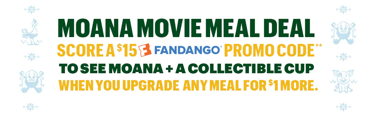 Sub Club promotional email for a Disney Moana movie meal deal showing a Subway® sandwich, a bag of Simply Cheetos Puffs White Cheddar, and a themed drink cup on a table in front of an ocean background. Text reads “Turn any meal into a Moana adventure” and “Moana movie meal deal.” Offer includes a $15 Fandango promo code and a collectible cup with purchase. Additional image shows five different Moana-themed cups featuring character designs and the message “Collect all 5 cups.” Buttons read “Order a meal” and “Order now.”