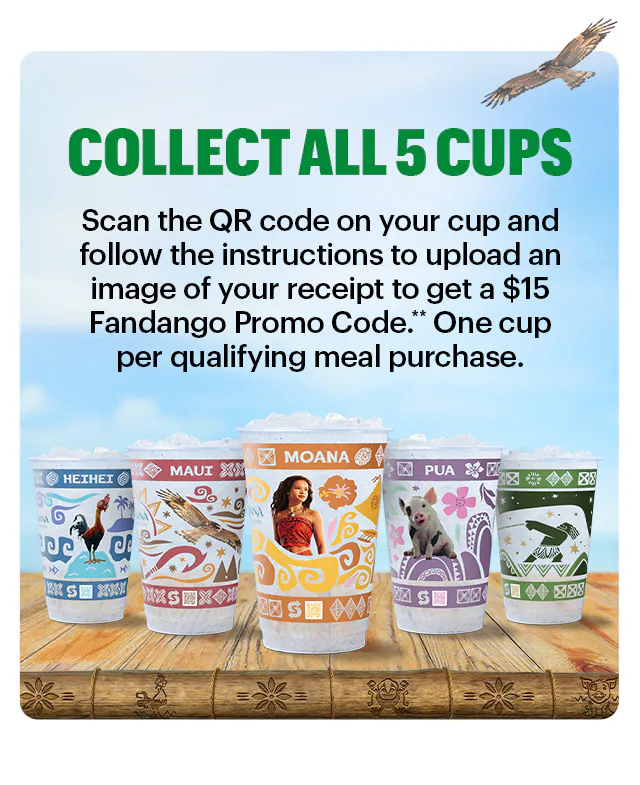 Sub Club promotional email for a Disney Moana movie meal deal showing a Subway® sandwich, a bag of Simply Cheetos Puffs White Cheddar, and a themed drink cup on a table in front of an ocean background. Text reads “Turn any meal into a Moana adventure” and “Moana movie meal deal.” Offer includes a $15 Fandango promo code and a collectible cup with purchase. Additional image shows five different Moana-themed cups featuring character designs and the message “Collect all 5 cups.” Buttons read “Order a meal” and “Order now.”