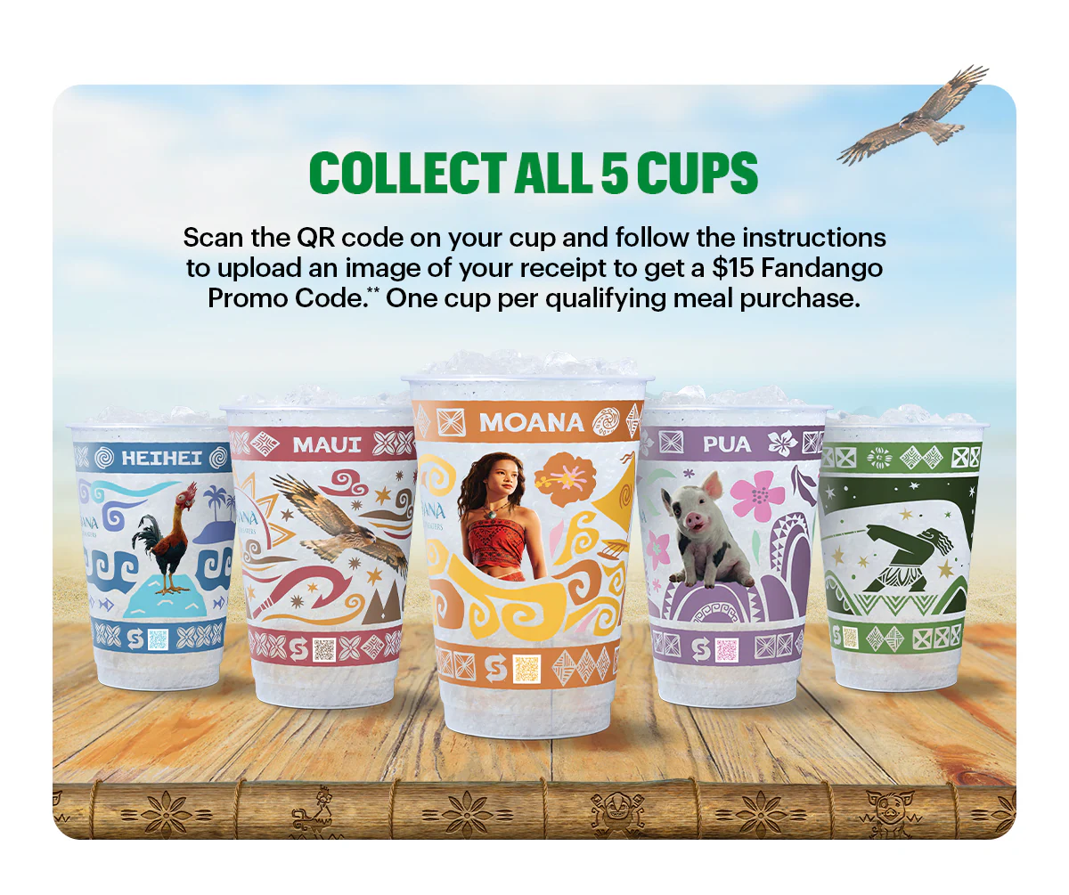 Sub Club promotional email for a Disney Moana movie meal deal showing a Subway® sandwich, a bag of Simply Cheetos Puffs White Cheddar, and a themed drink cup on a table in front of an ocean background. Text reads “Turn any meal into a Moana adventure” and “Moana movie meal deal.” Offer includes a $15 Fandango promo code and a collectible cup with purchase. Additional image shows five different Moana-themed cups featuring character designs and the message “Collect all 5 cups.” Buttons read “Order a meal” and “Order now.”